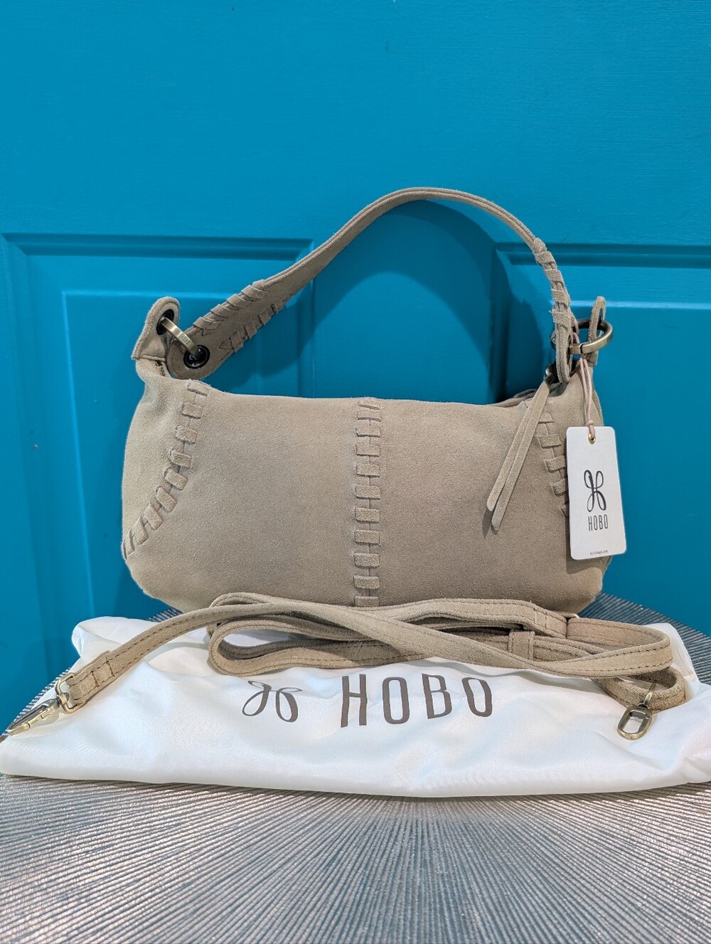 NWT HOBO Opal Mini Suede Shoulder Hobo with Whipstitch Accent In Twilight Fern